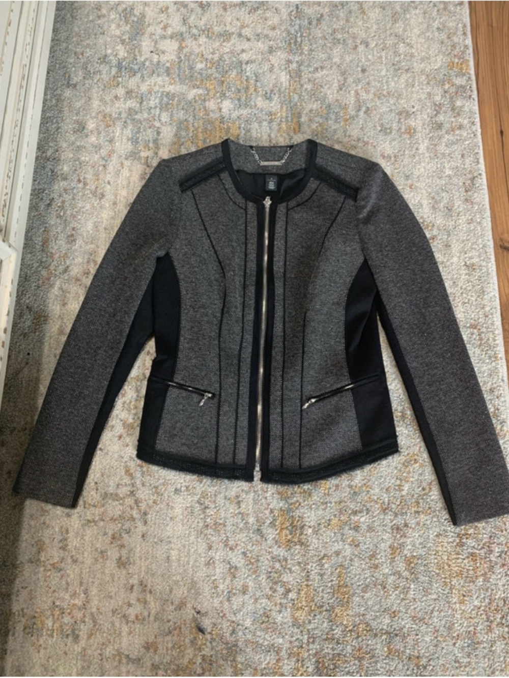 White House Black Market Gray and Black Ponte Zip Front Blazer